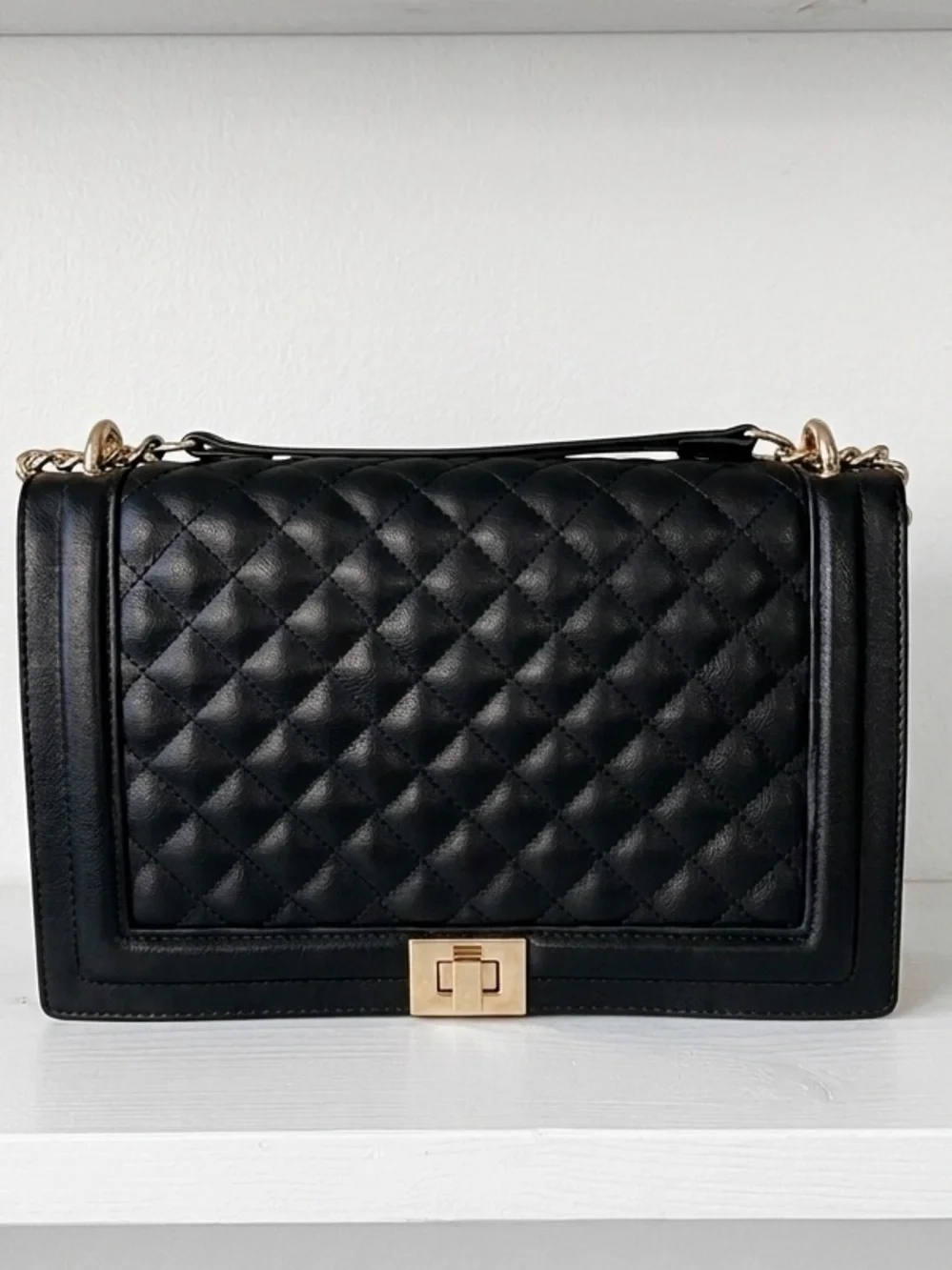 INC Black Leather Quilted Flap Crossbody Shoulder Bag Gold Turn-Lock Chain
